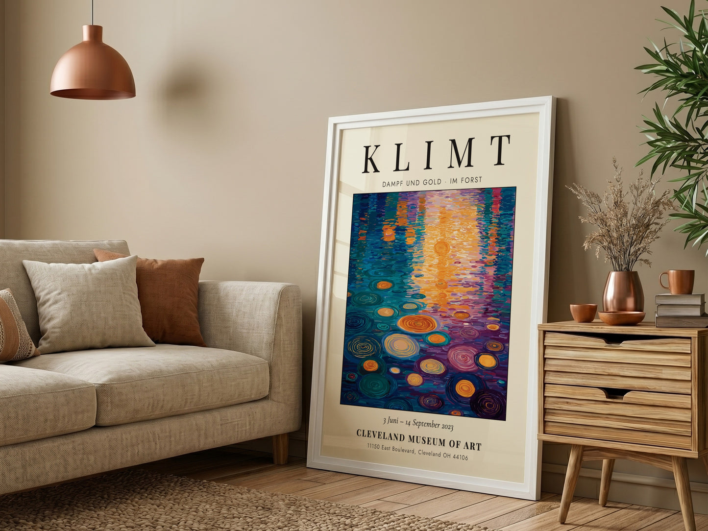 Poster inspired by Gustav Klimt featuring vibrant blues and golds in a nature scene