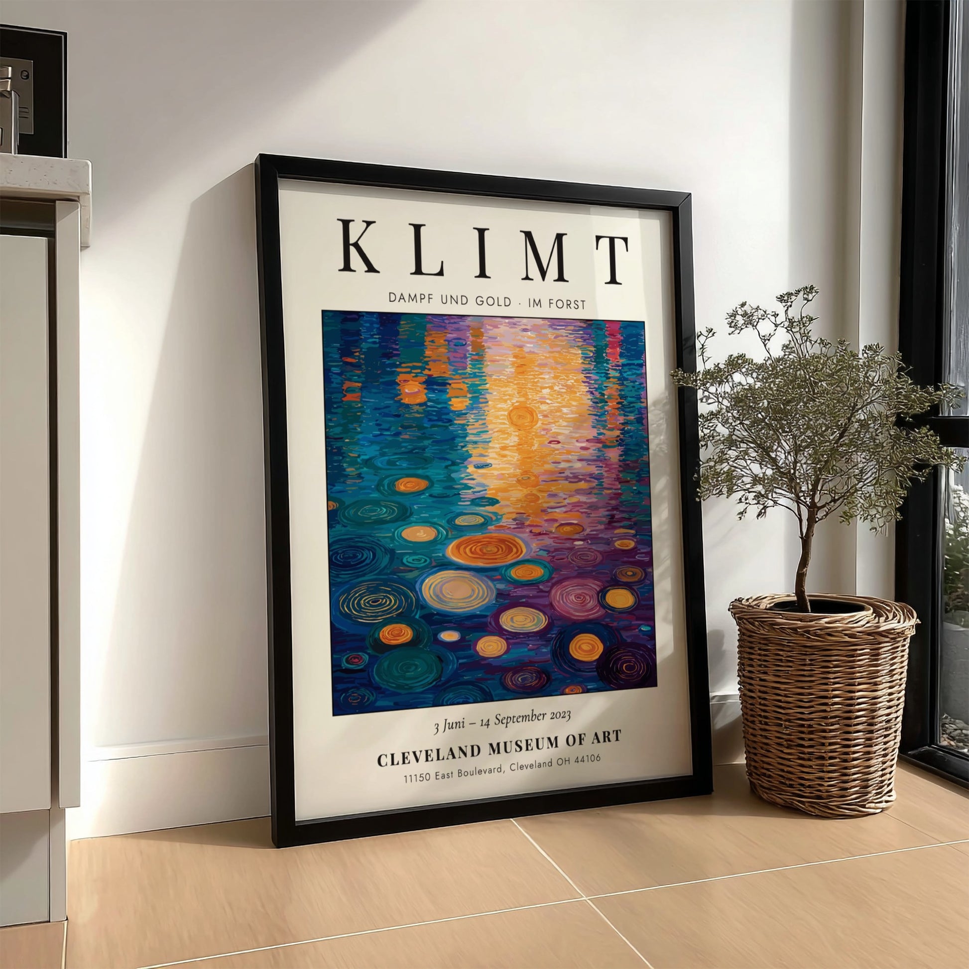 Poster inspired by Gustav Klimt featuring vibrant blues and golds in a nature scene