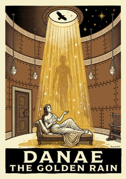Danae Golden Rain poster featuring a woman reclining as golden rain falls from above, Greek mythology art.
