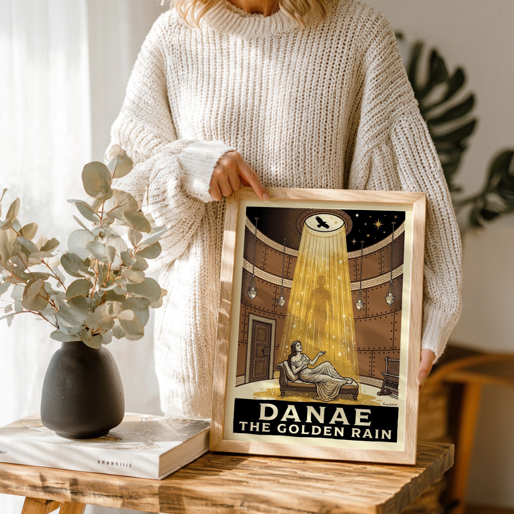 Danae Golden Rain poster featuring a woman reclining as golden rain falls from above, Greek mythology art.