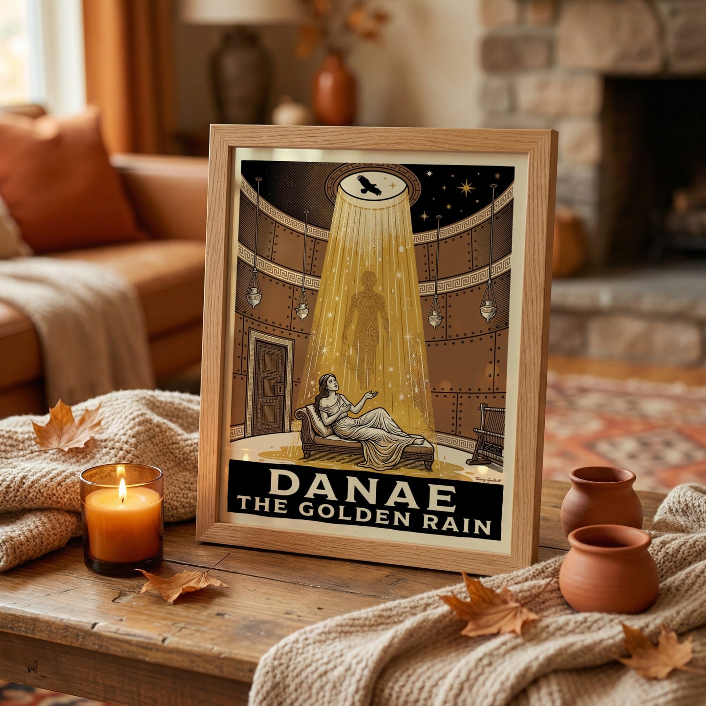 Danae Golden Rain poster featuring a woman reclining as golden rain falls from above, Greek mythology art.