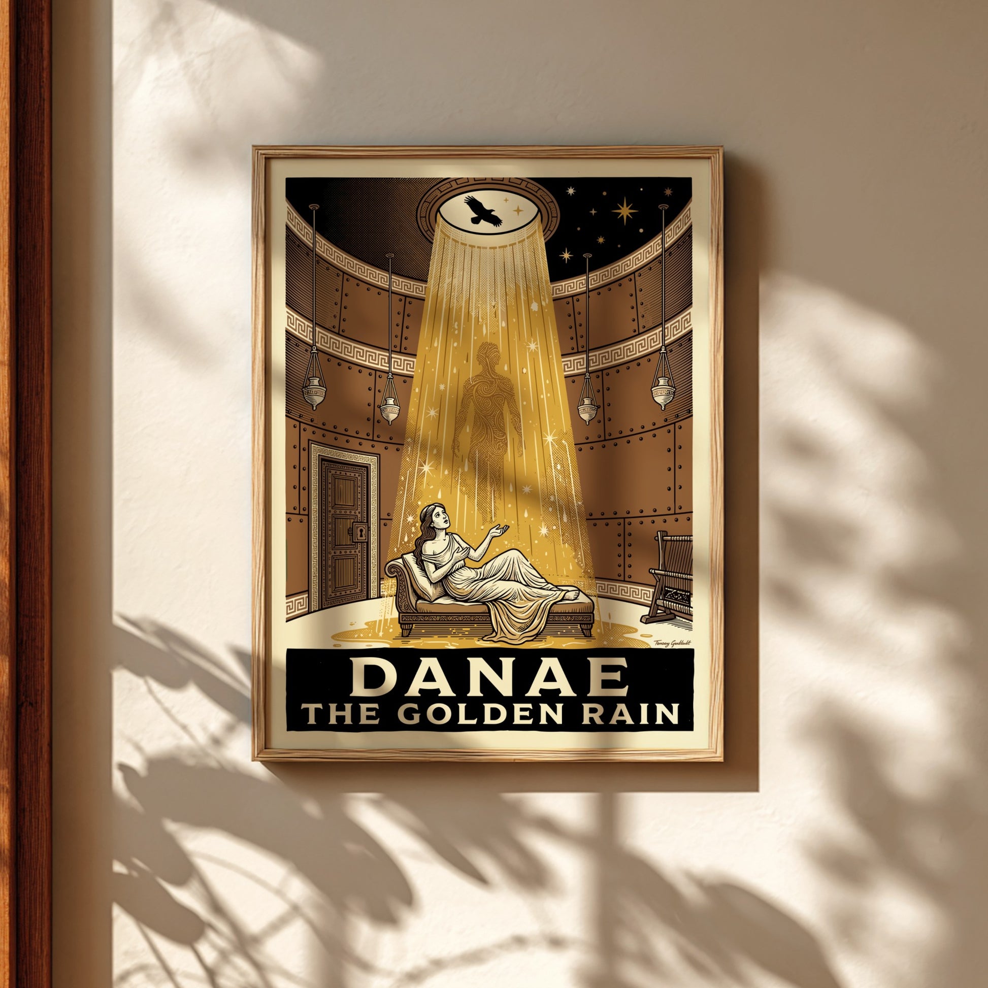 Danae Golden Rain poster featuring a woman reclining as golden rain falls from above, Greek mythology art.