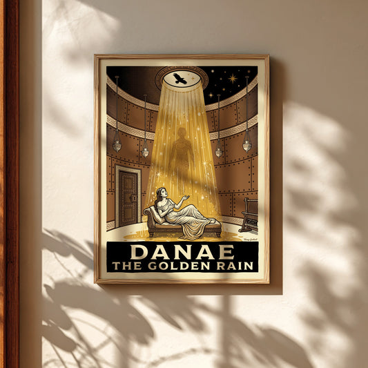 Danae Golden Rain poster featuring a woman reclining as golden rain falls from above, Greek mythology art.