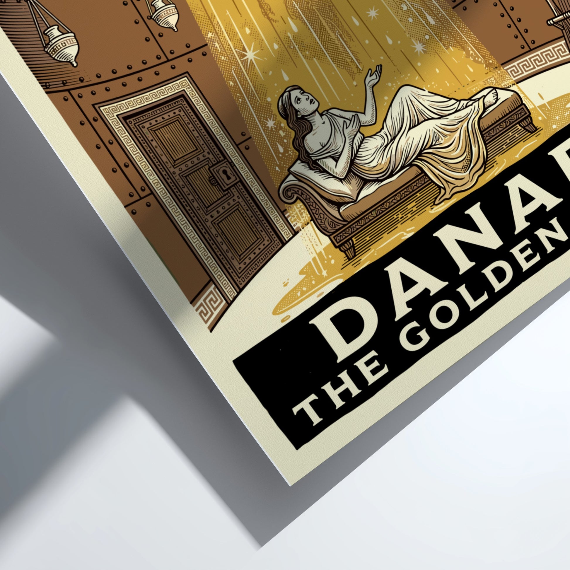 Danae Golden Rain poster featuring a woman reclining as golden rain falls from above, Greek mythology art.