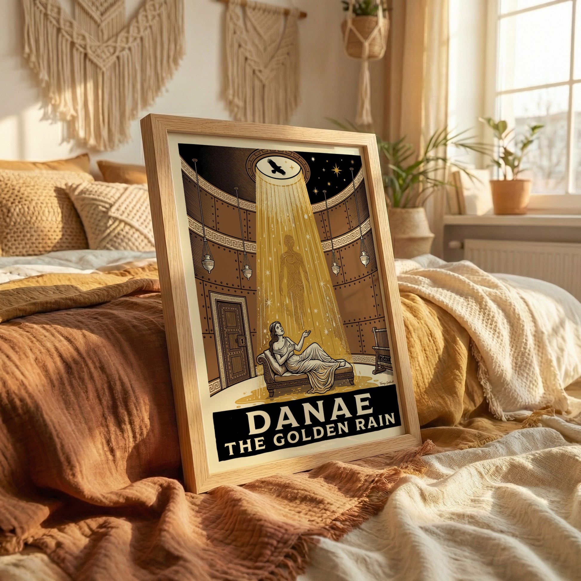 Danae Golden Rain poster featuring a woman reclining as golden rain falls from above, Greek mythology art.