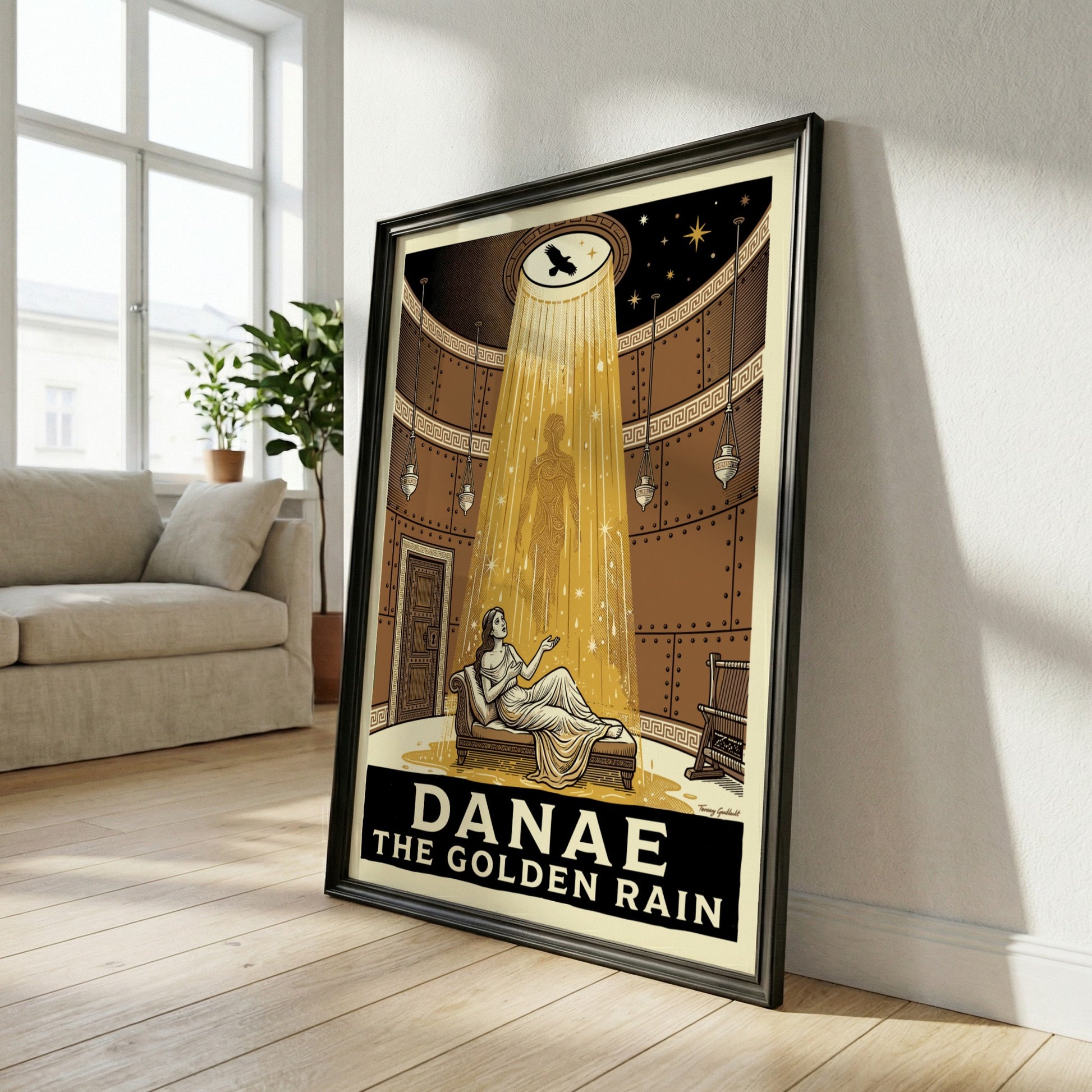 Danae Golden Rain poster featuring a woman reclining as golden rain falls from above, Greek mythology art.
