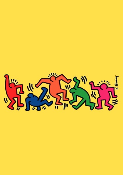 Keith Haring "Dancing Figures" poster with colorful figures on a yellow background.