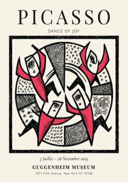 Dance of Joy poster featuring bold colors and dynamic shapes inspired by Picasso