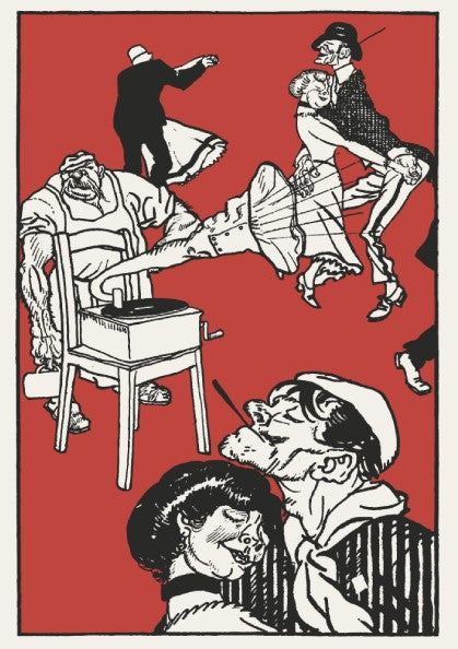 Vintage illustration poster of "Dancers" by Moriz Jung in black and red on a cream background.
