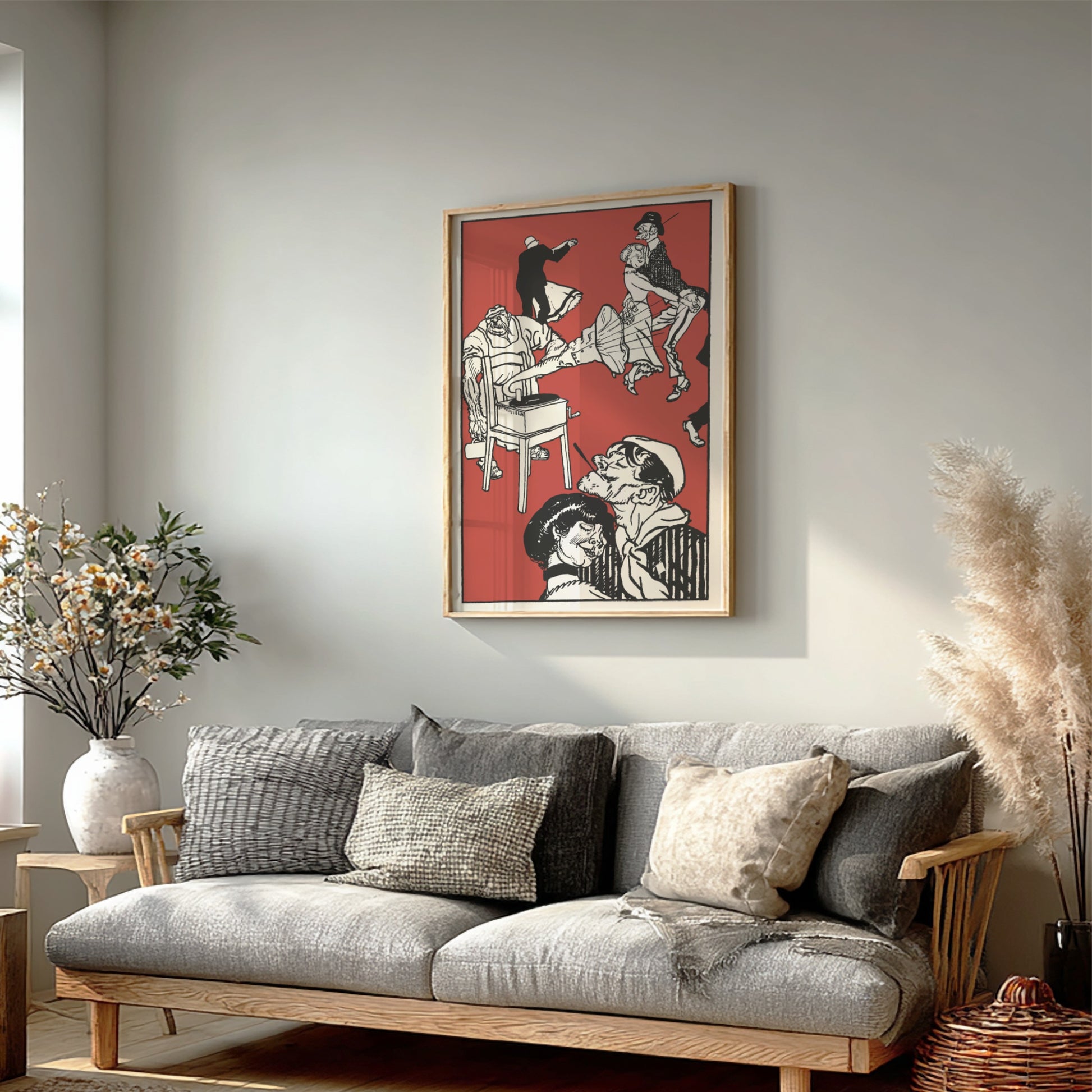 Vintage illustration poster of "Dancers" by Moriz Jung in black and red on a cream background.