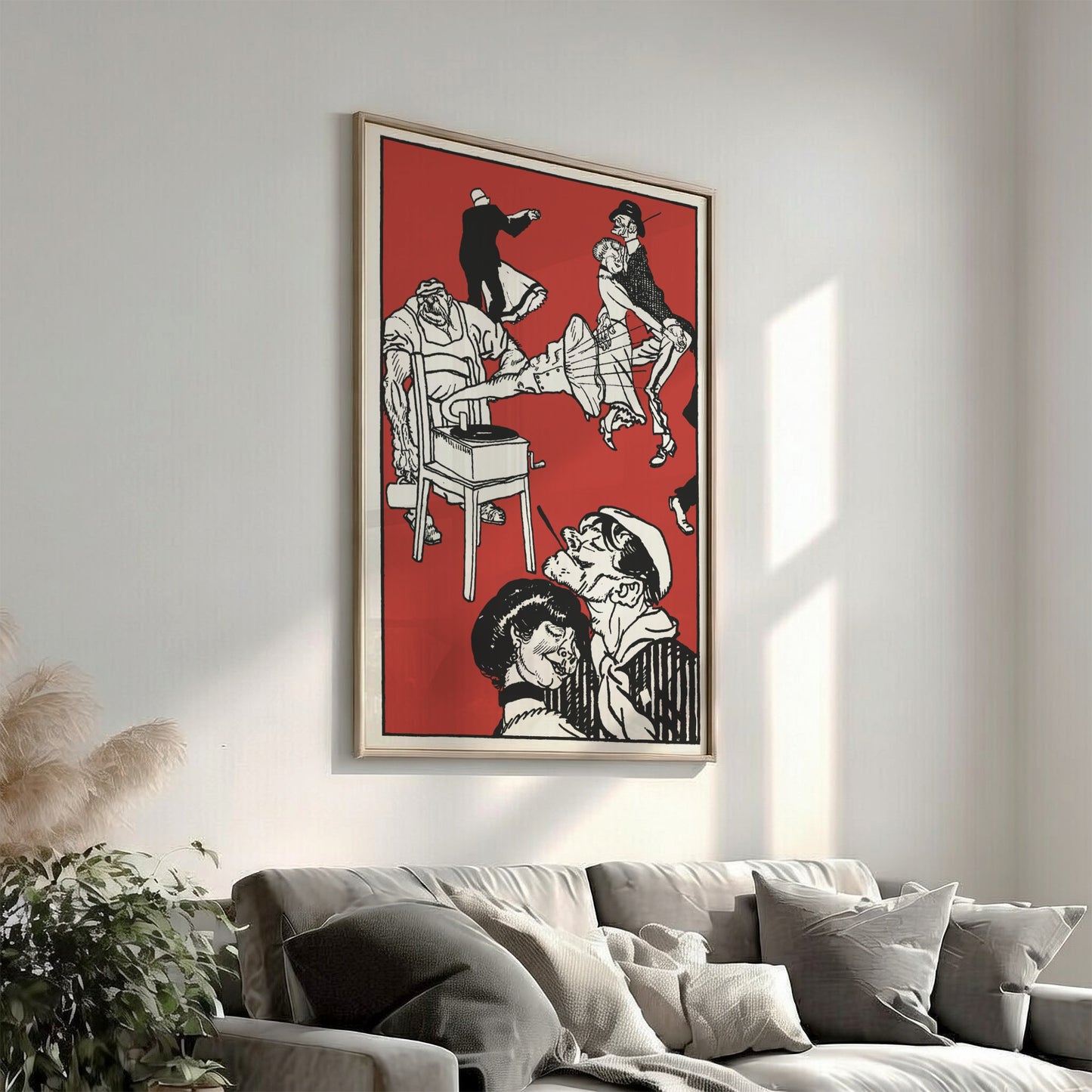 Vintage illustration poster of "Dancers" by Moriz Jung in black and red on a cream background.