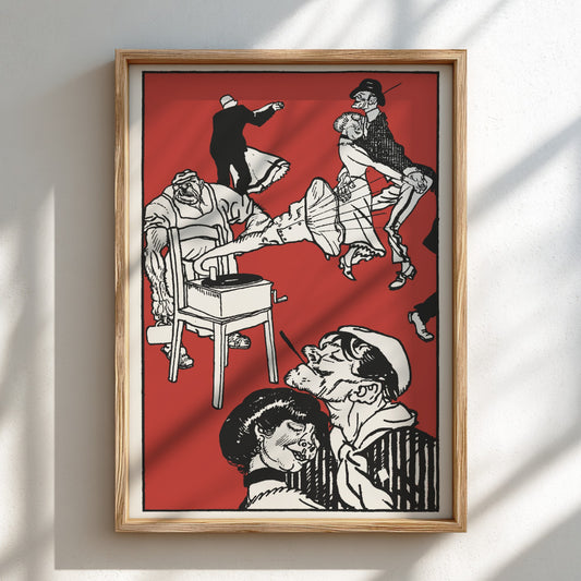 Vintage illustration poster of "Dancers" by Moriz Jung in black and red on a cream background.