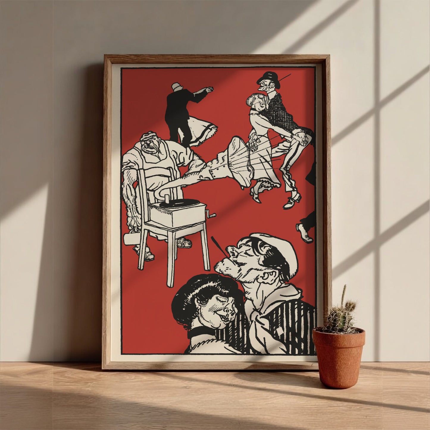 Vintage illustration poster of "Dancers" by Moriz Jung in black and red on a cream background.