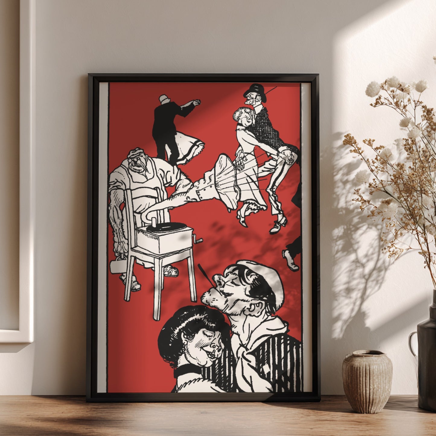 Vintage illustration poster of "Dancers" by Moriz Jung in black and red on a cream background.