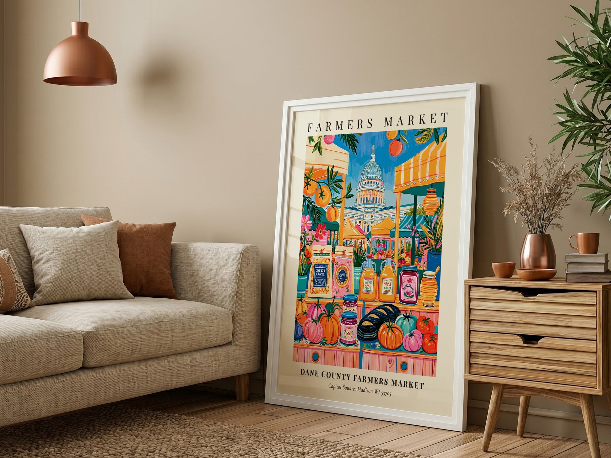 Dane County Farmers Market poster featuring colorful produce and the state capitol in Madison, vibrant wall