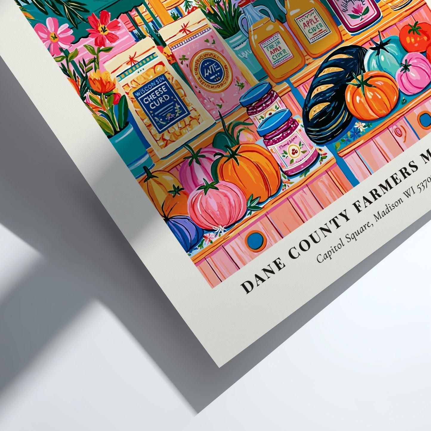 Dane County Farmers Market poster featuring colorful produce and the state capitol in Madison, vibrant wall