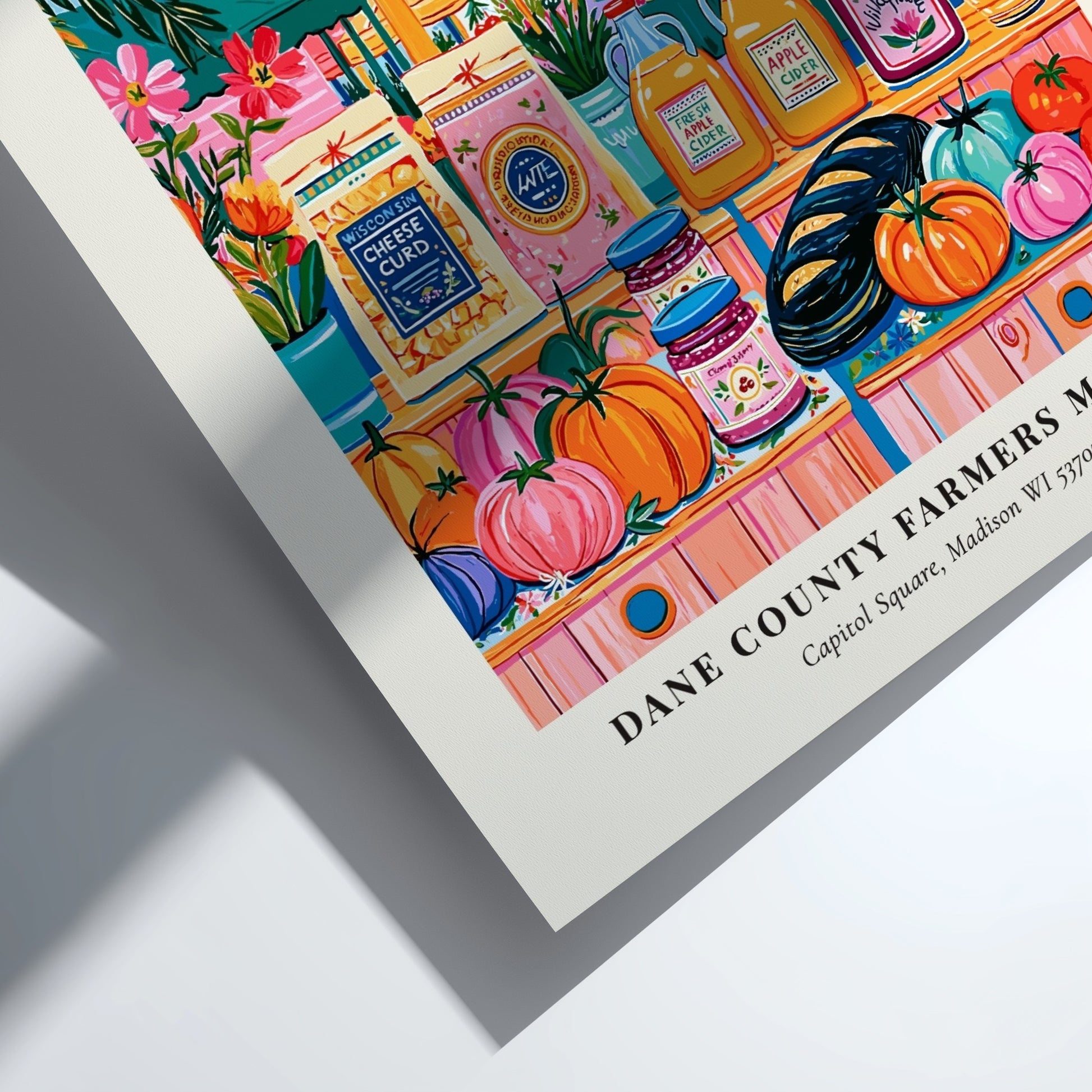 Dane County Farmers Market poster featuring colorful produce and the state capitol in Madison, vibrant wall