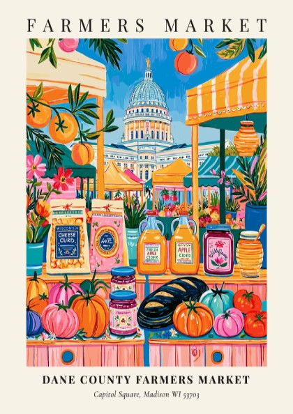 Dane County Farmers Market poster featuring colorful produce and the state capitol in Madison, vibrant wall