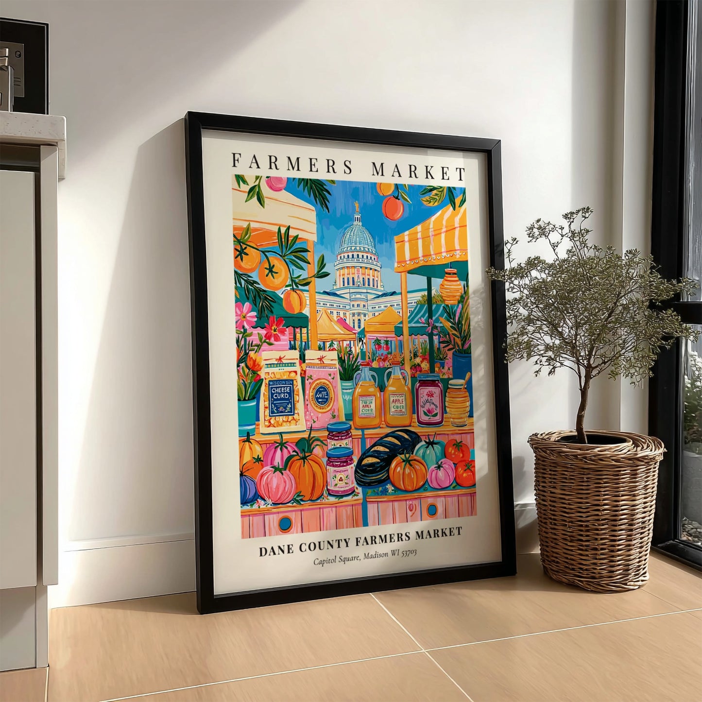 Dane County Farmers Market poster featuring colorful produce and the state capitol in Madison, vibrant wall