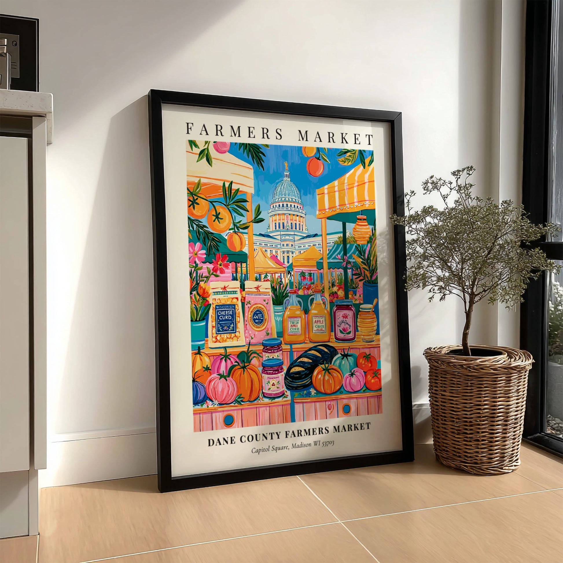 Dane County Farmers Market poster featuring colorful produce and the state capitol in Madison, vibrant wall