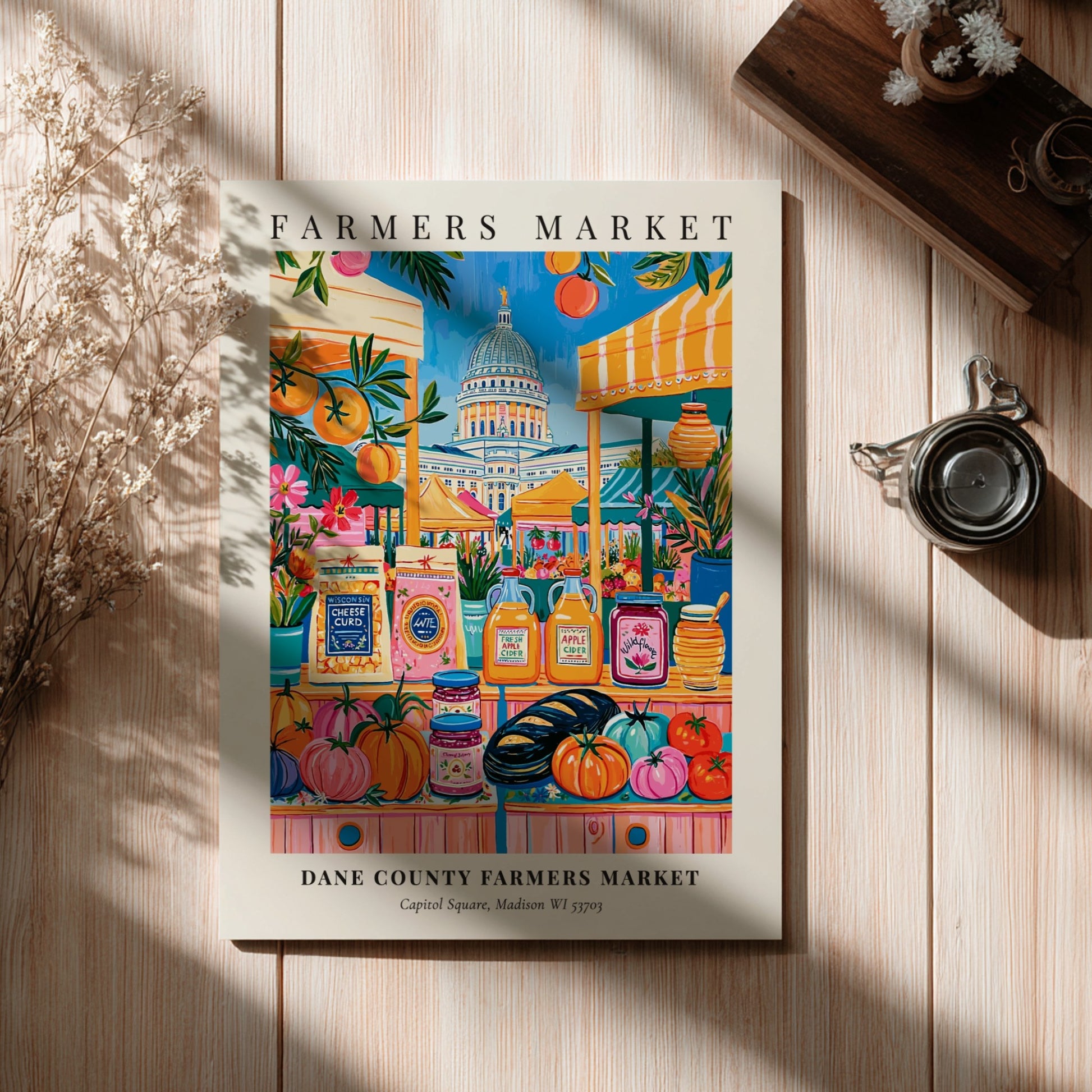 Dane County Farmers Market poster featuring colorful produce and the state capitol in Madison, vibrant wall