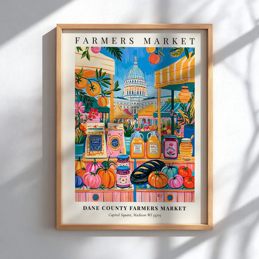 Dane County Farmers Market poster featuring colorful produce and the state capitol in Madison, vibrant wall