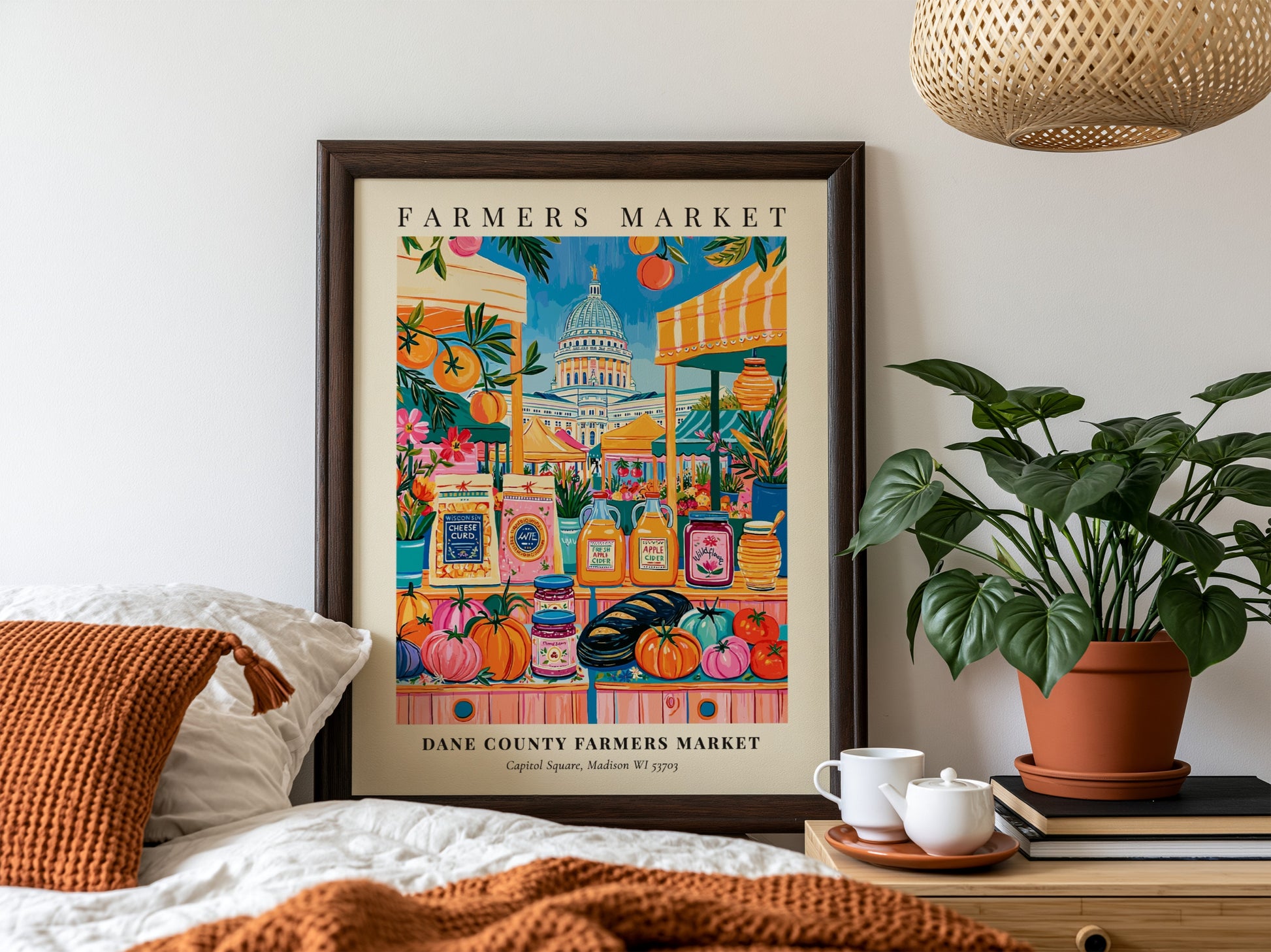 Dane County Farmers Market poster featuring colorful produce and the state capitol in Madison, vibrant wall