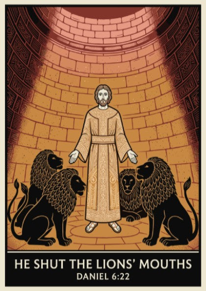 Poster displaying a man standing among four lions inside a brick den with text.