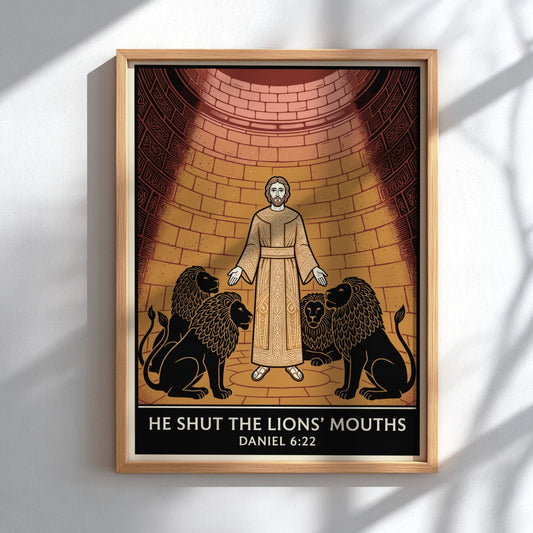 Poster displaying a man standing among four lions inside a brick den with text.
