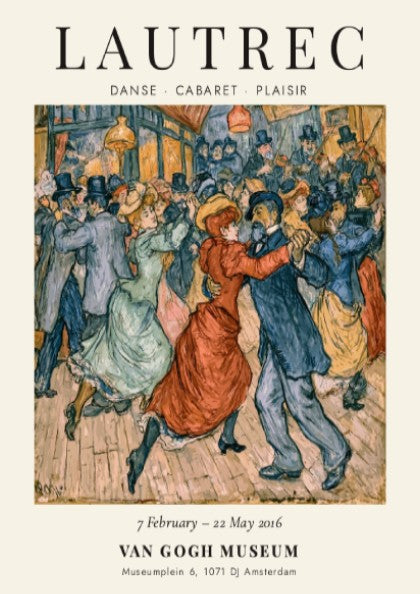 Toulouse-Lautrec poster featuring Danse Cabaret Plaisir, vibrant colors and lively dance scene