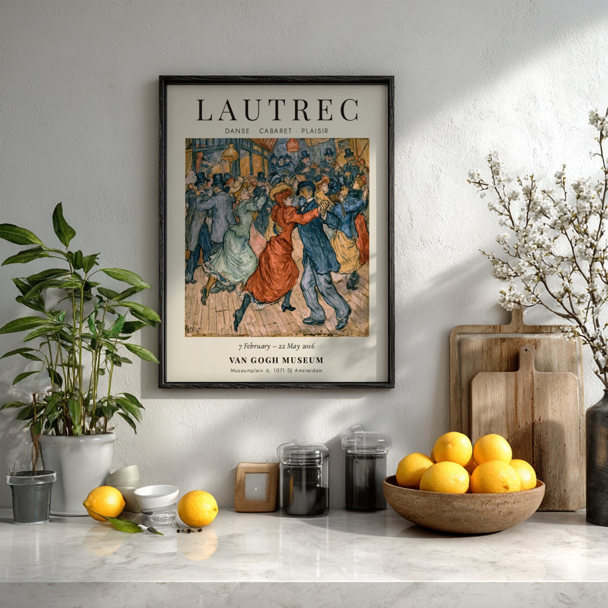 Toulouse-Lautrec poster featuring Danse Cabaret Plaisir, vibrant colors and lively dance scene