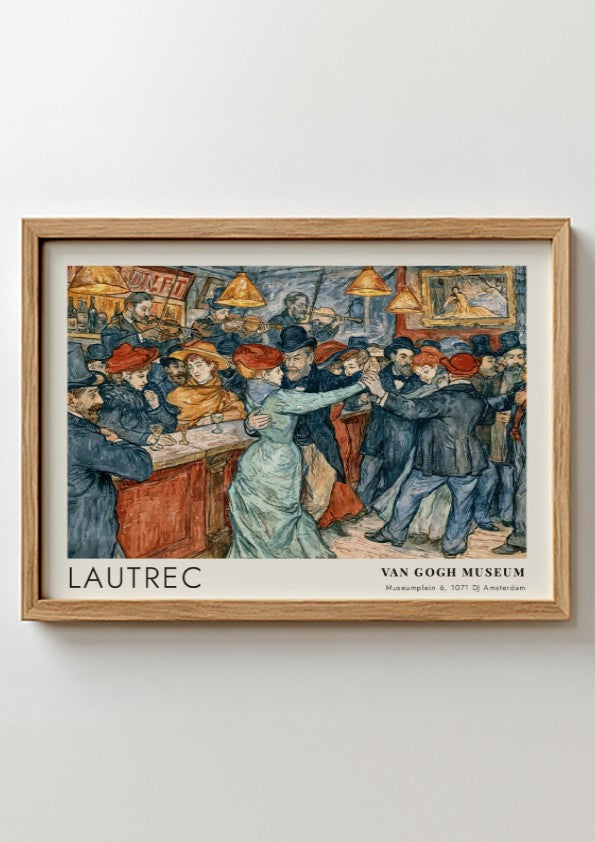 Wall art poster featuring a Lautrec cabaret dance scene with vintage figures dancing