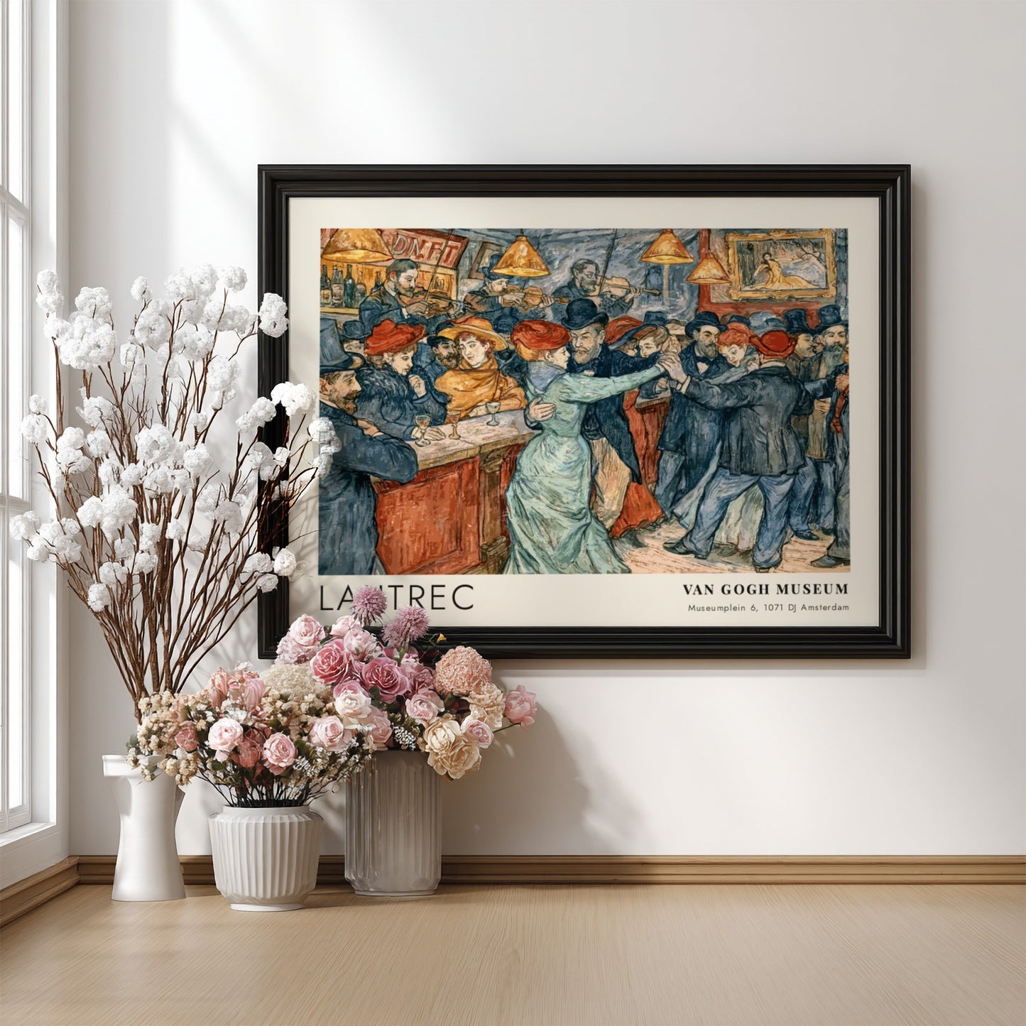 Wall art poster featuring a Lautrec cabaret dance scene with vintage figures dancing