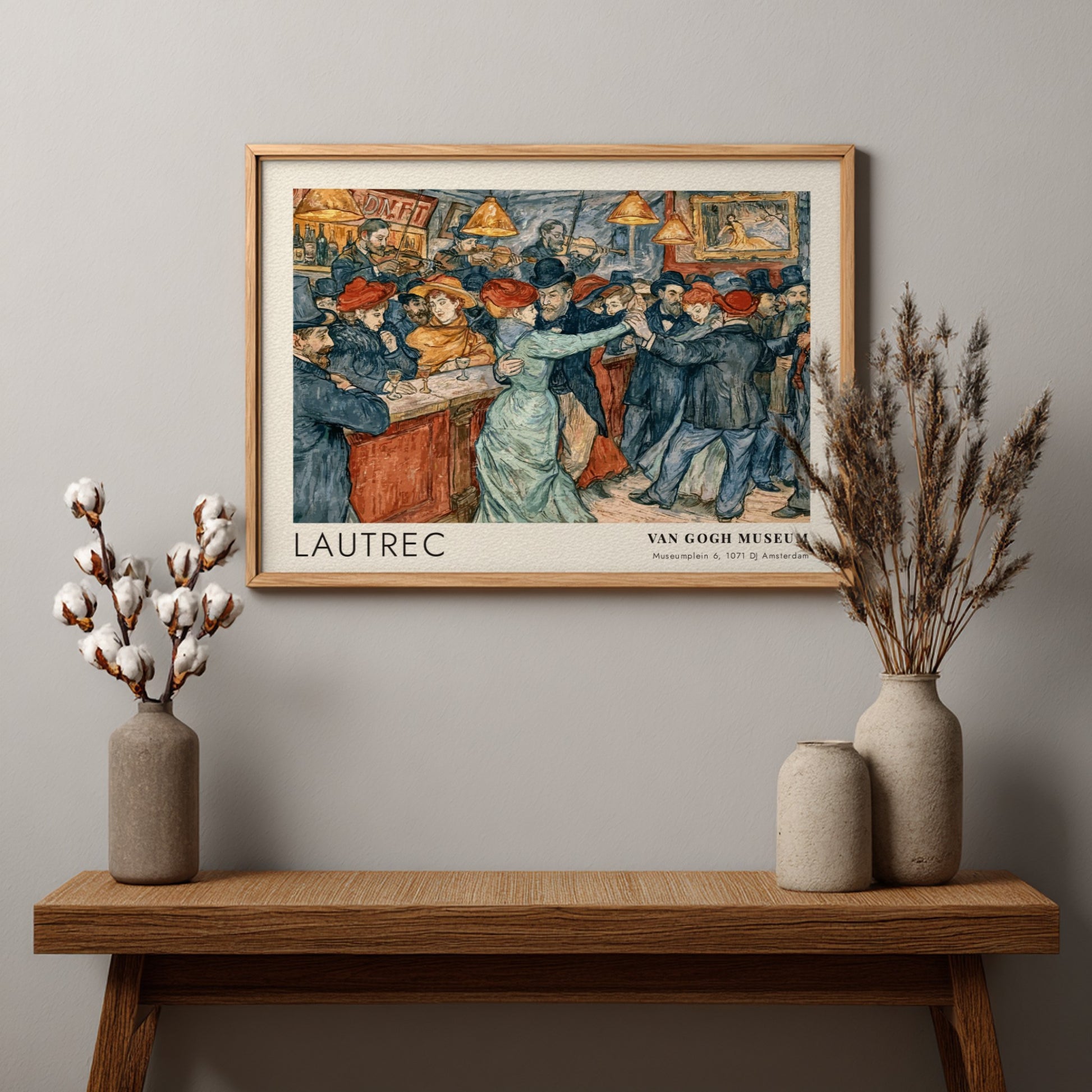 Wall art poster featuring a Lautrec cabaret dance scene with vintage figures dancing