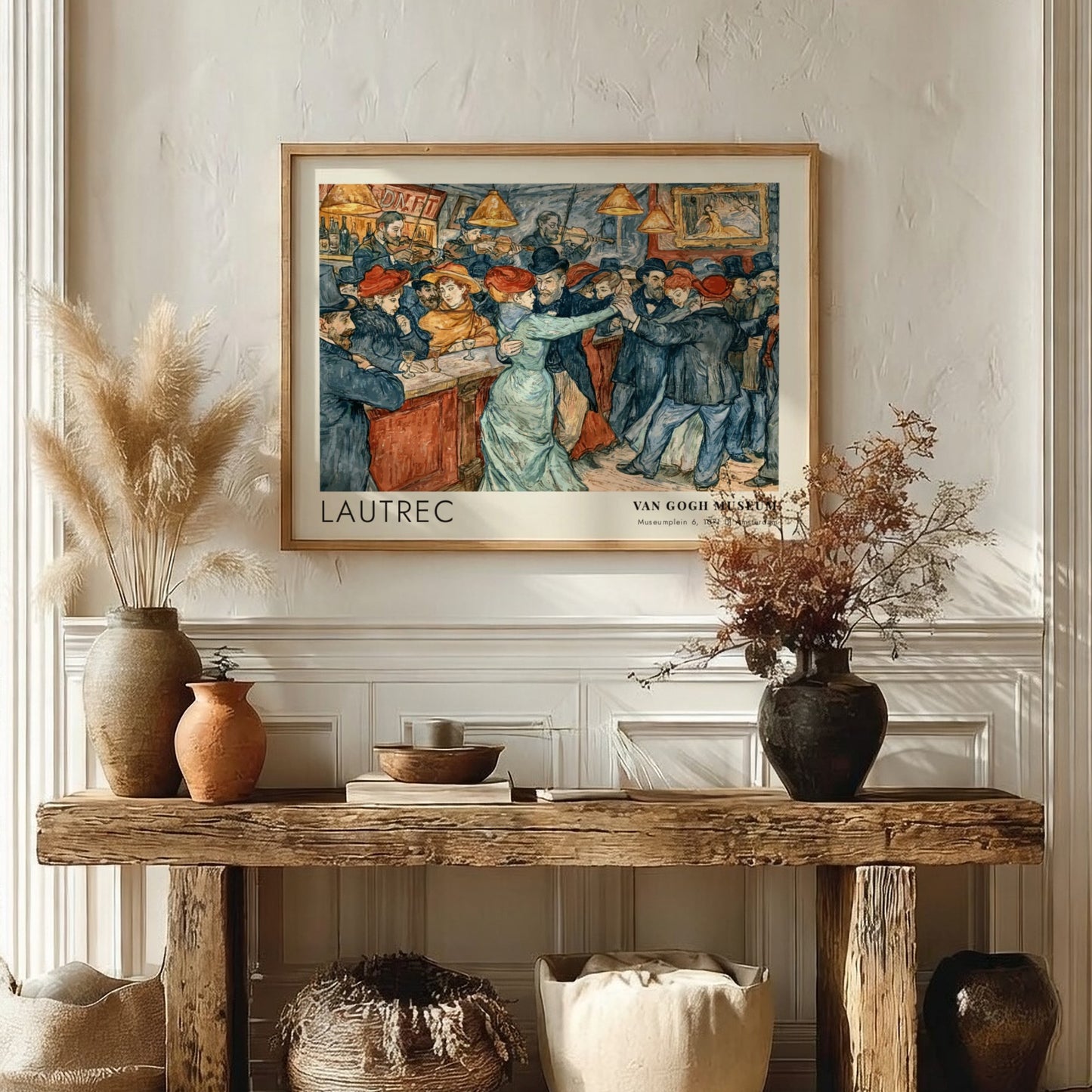 Wall art poster featuring a Lautrec cabaret dance scene with vintage figures dancing
