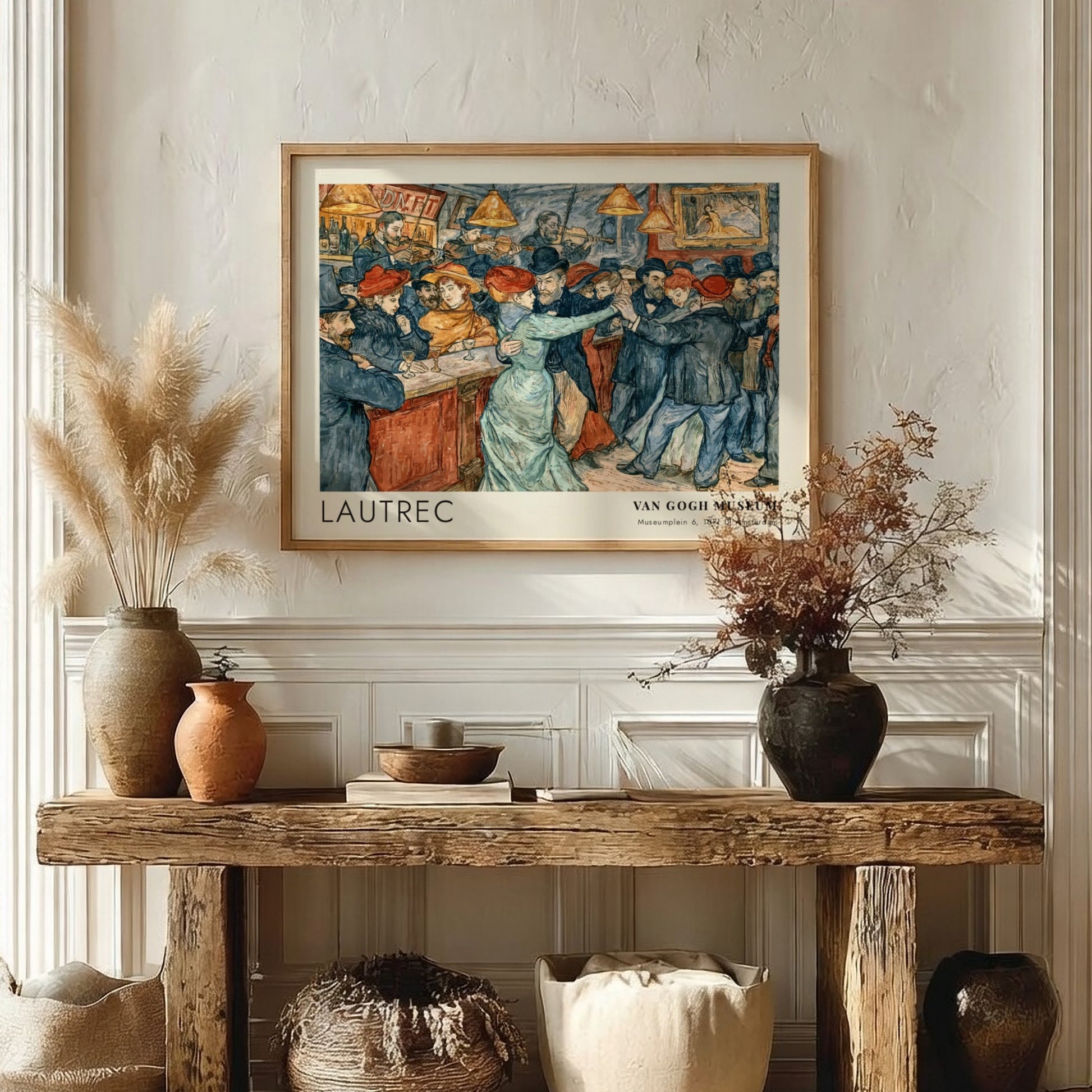 Wall art poster featuring a Lautrec cabaret dance scene with vintage figures dancing