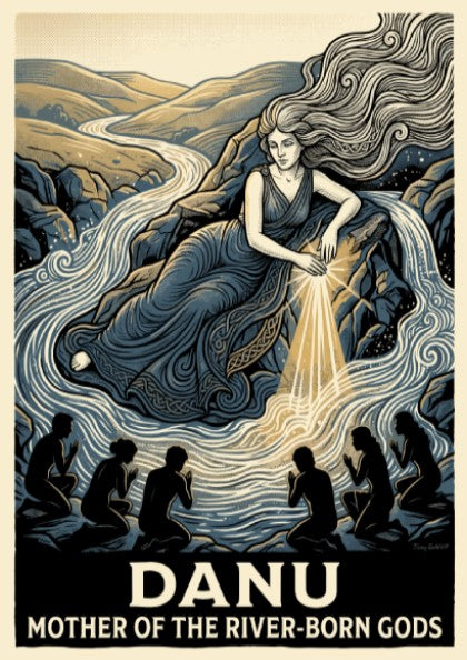 Danu poster showing a goddess by a river with worshippers in blue tones