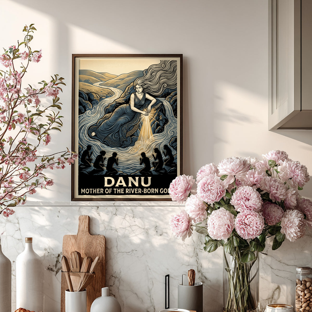 Danu poster showing a goddess by a river with worshippers in blue tones