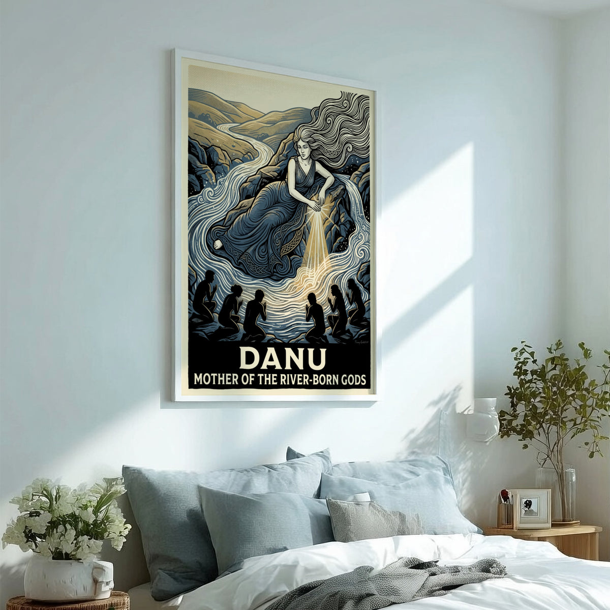 Danu poster showing a goddess by a river with worshippers in blue tones