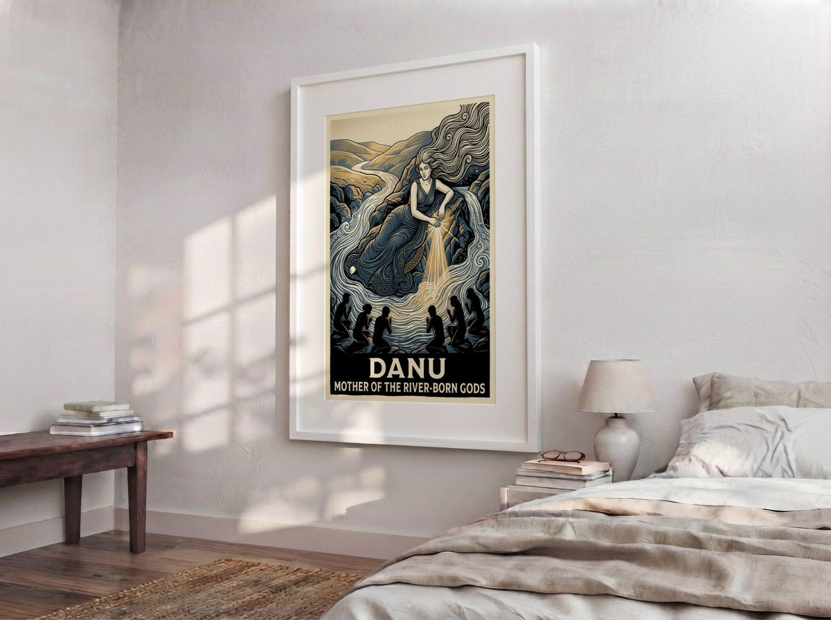 Danu poster showing a goddess by a river with worshippers in blue tones