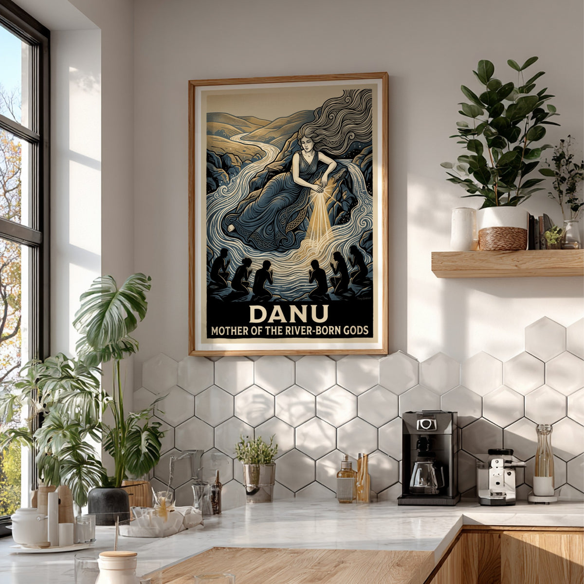 Danu poster showing a goddess by a river with worshippers in blue tones