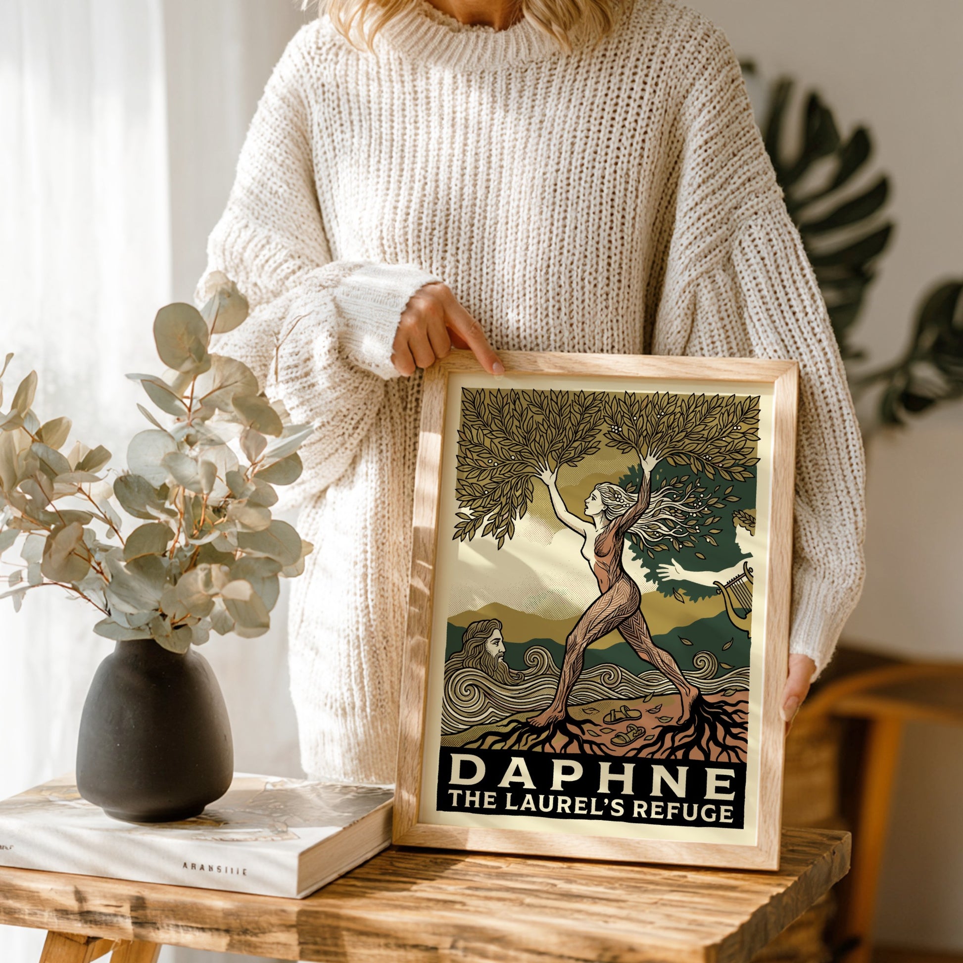Daphne Greek mythology poster in linocut style, featuring the nymph transforming into a laurel tree.