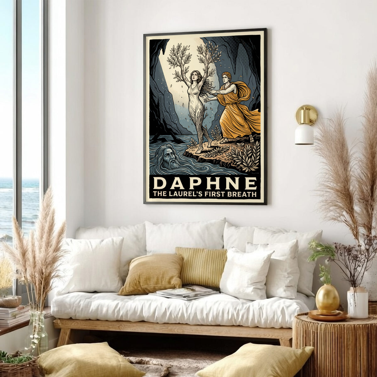 Poster of Daphne transforming into a laurel tree with golden hues and river god.