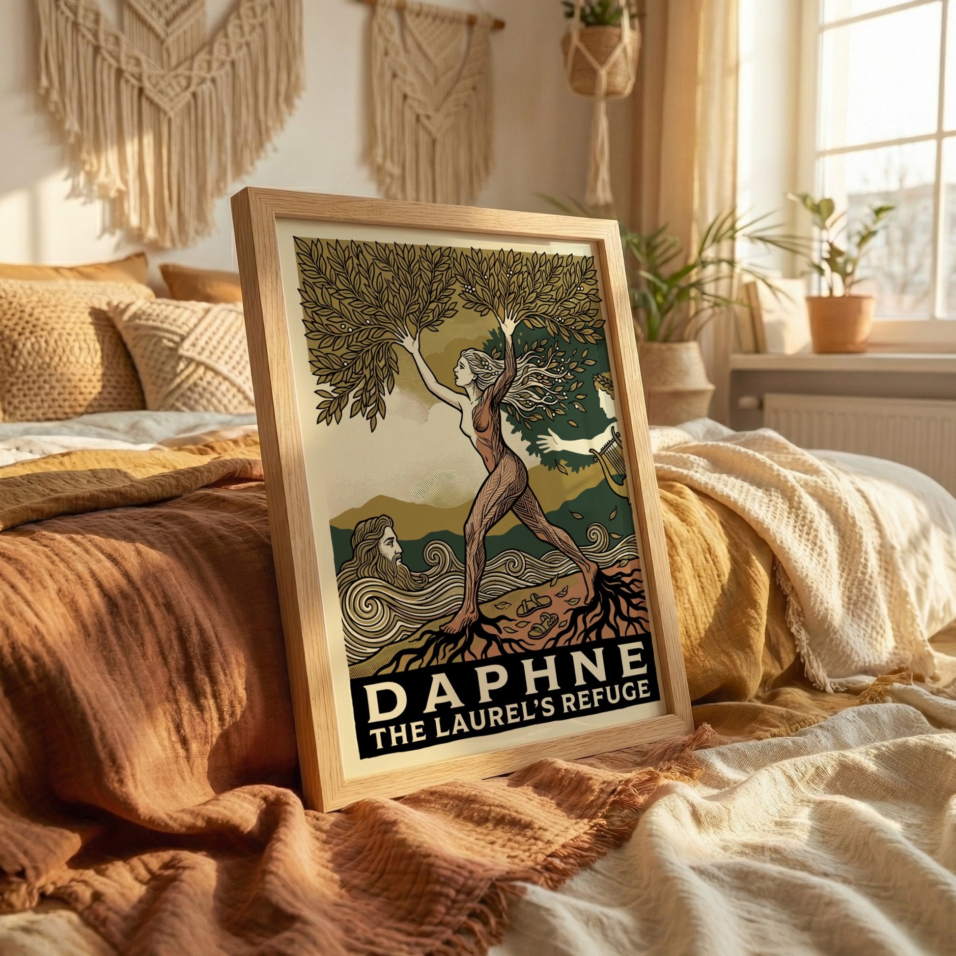 Daphne Greek mythology poster in linocut style, featuring the nymph transforming into a laurel tree.