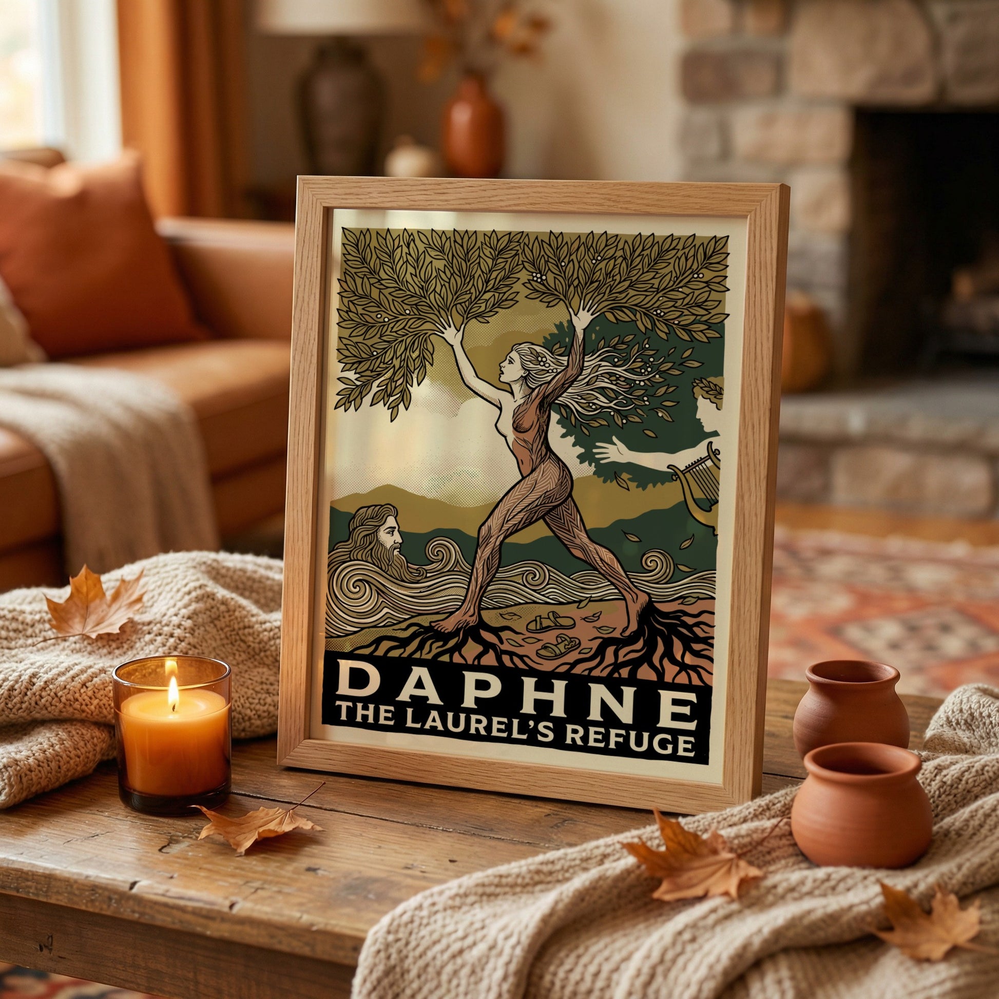 Daphne Greek mythology poster in linocut style, featuring the nymph transforming into a laurel tree.