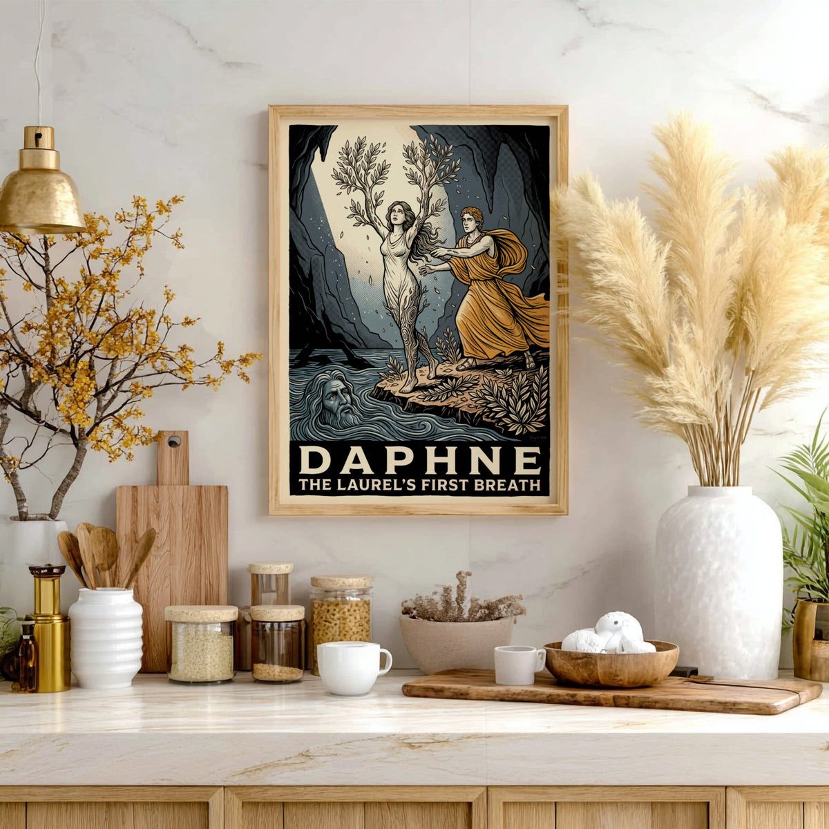Poster of Daphne transforming into a laurel tree with golden hues and river god.
