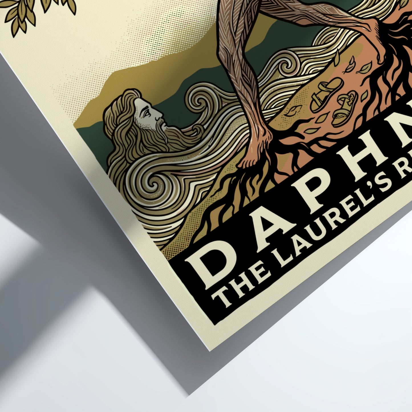 Daphne Greek mythology poster in linocut style, featuring the nymph transforming into a laurel tree.