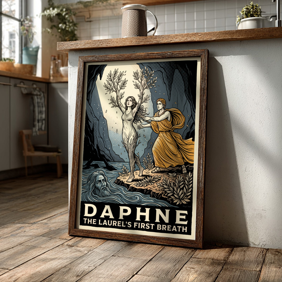 Poster of Daphne transforming into a laurel tree with golden hues and river god.