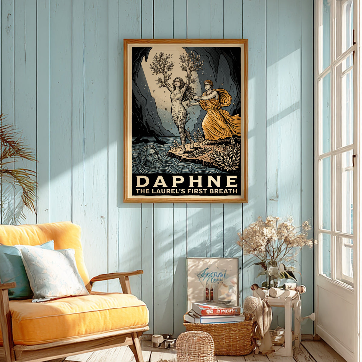 Poster of Daphne transforming into a laurel tree with golden hues and river god.