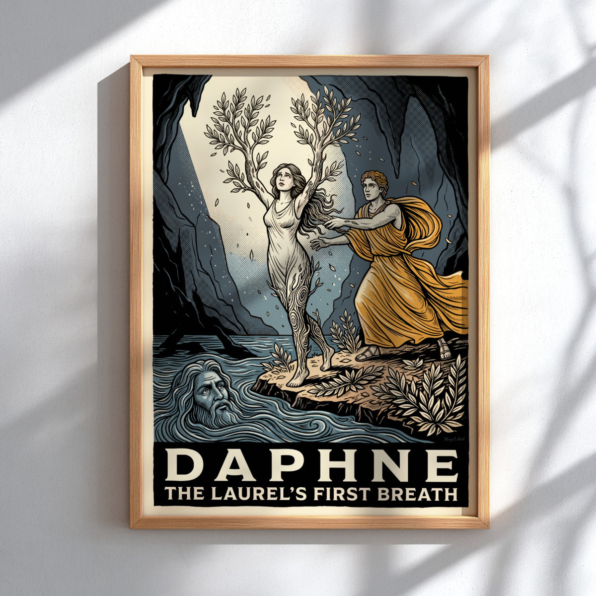 Poster of Daphne transforming into a laurel tree with golden hues and river god.